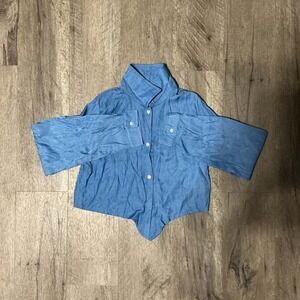 NT By Amati Light Blue Linen Blend Oversized Button-Up Crop Shirt Women's